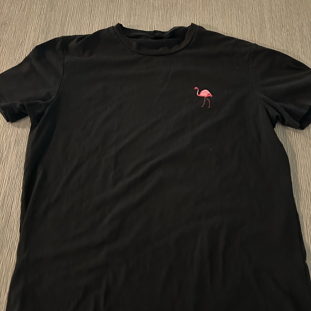 Black T-Shirt with Pink Flamingo Embroidery